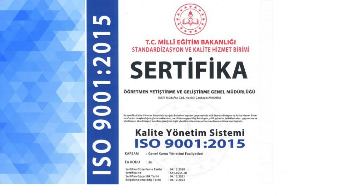 ISO 9001:2015 KALİTE YÖNETİM SİSTEMİ BELGESİ